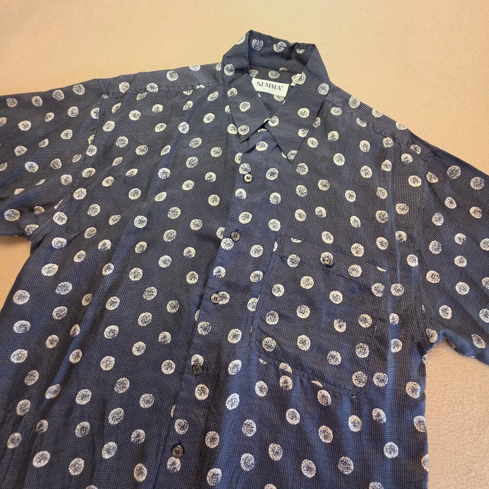 Summa Silk Vintage Gray Grid & Polka-Dot SS Button Shirt Sz Medium 100% Silk